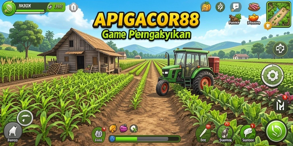 Tampilan gameplay <strong>APIGACOR88</strong> dengan lahan pertanian yang subur dan hewan ternak yang aktif.