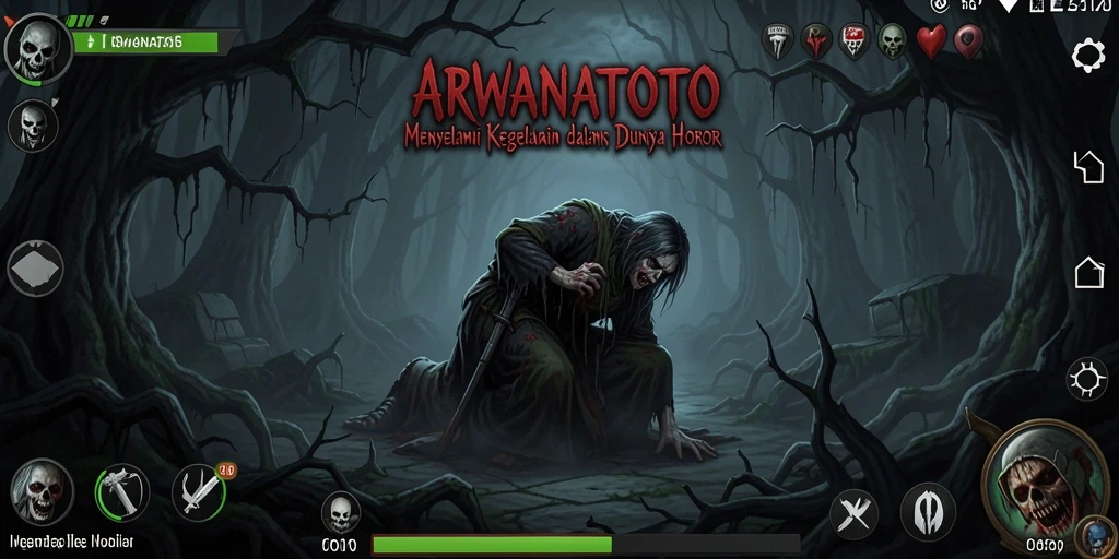 Screenshot gameplay ARWANATOTO menampilkan suasana horor yang mencekam.