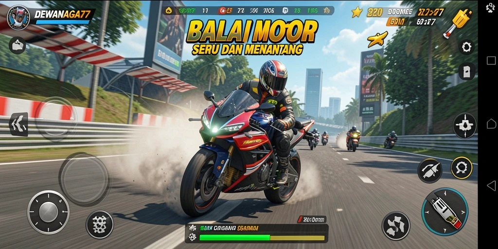 Screenshot gameplay DEWANAGA77 menampilkan aksi balapan motor yang mendebarkan.
