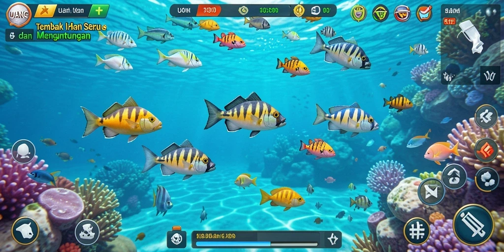 Screenshot menunjukkan gameplay menembak ikan dalam UANG.